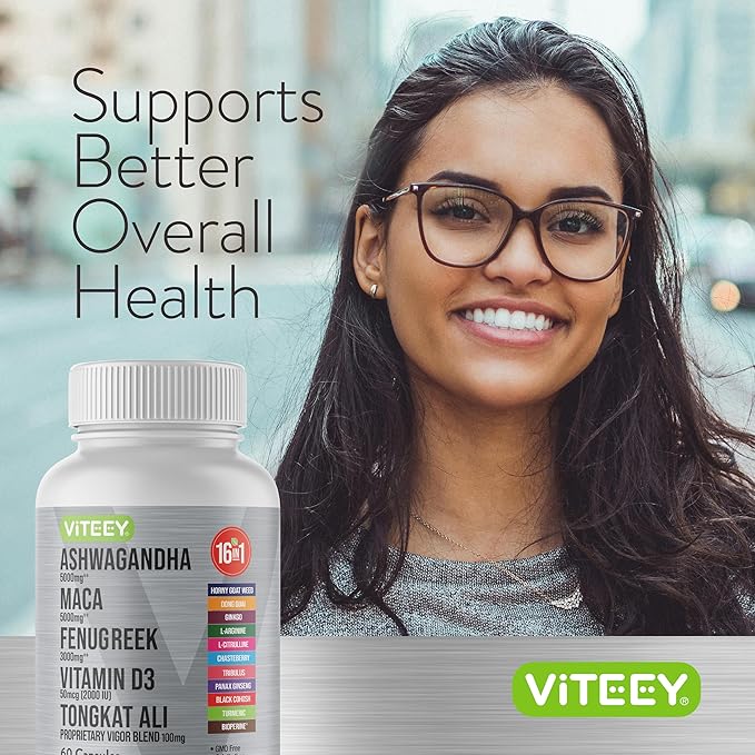 Viteey Ashwagandha Maca Fenugreek Supplement with Tongkat Ali – Drive, Passion & Energy Support for Men & Women – Mood, Calm & Stress Support - 60 Capsules