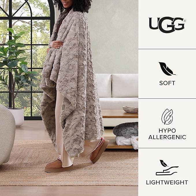 UGG Adalee Faux Fur Throw Blanket Luxury Lightweight Cozy Soft Throw for Couch Bed or Chair Hypoallergenic Machine Washable Double-Sided Fluffy Blanket Home Decor, 50-inch x 70-inch, Oyster Brown