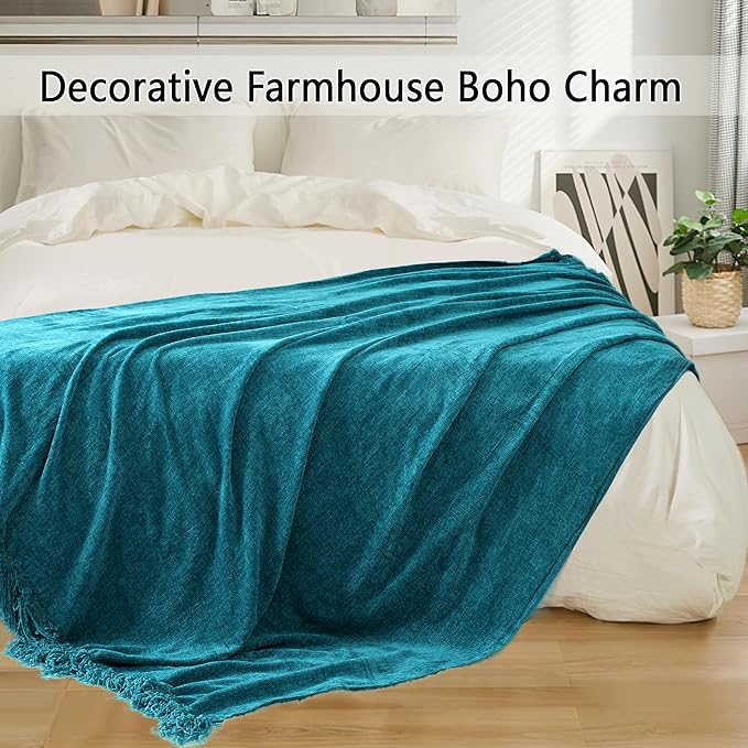Chenille Throw Blanket for Couch 60"X 80" Twin, Soft Cozy Throws with Fringe Tassel for Bed Sofa Chair Cover, Lightweight Knitted Decorative Boho Blankets for Living Room, Teal