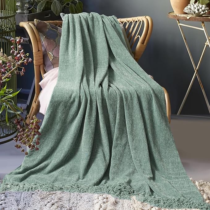 Chenille Throw Blanket for Couch 50"X 60", Soft Cozy Throws with Fringe Tassel for Bed Sofa Chair Cover, Lightweight Knitted Decorative Boho Blankets for Living Room, Sage Green