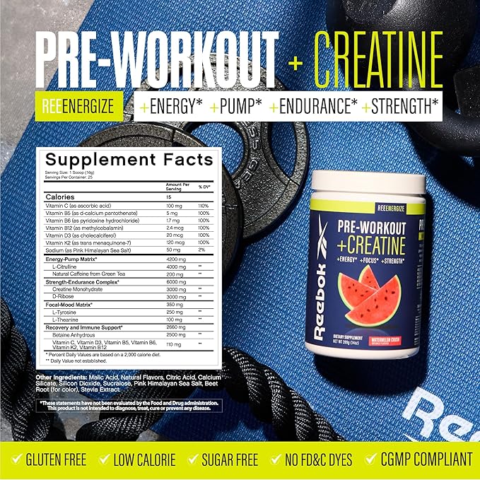 Reebok Pre-Workout Powder | 200mg Natural Caffeine, 3g Creatine Monohydrate | Clean Energy Pre Workout for Strength, Focus & Pump | Informed-Sport Certified | ReeEnergize | Watermelon Crush