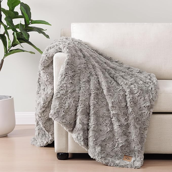 UGG Adalee Faux Fur Throw Blanket Luxury Lightweight Cozy Soft Throw for Couch Bed or Chair Hypoallergenic Machine Washable Double-Sided Fluffy Blanket Home Decor, 50-inch x 70-inch, Seal Grey