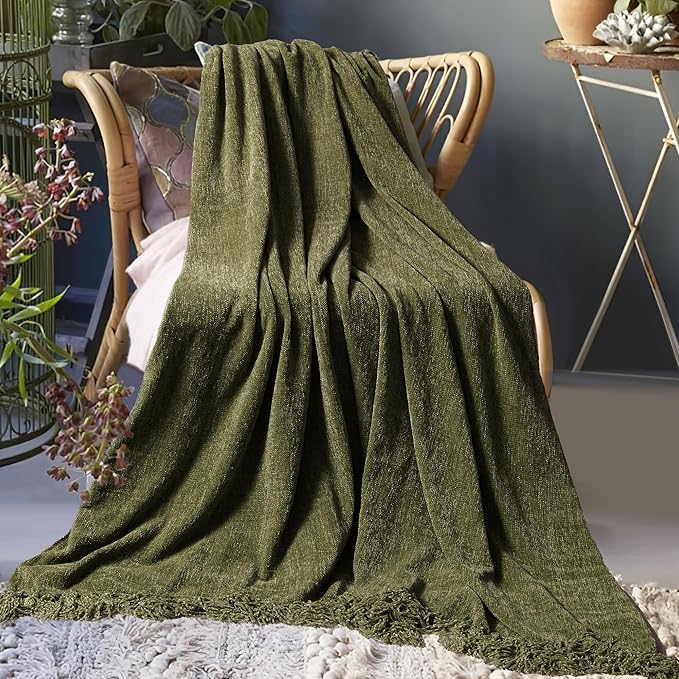 Chenille Throw Blanket for Couch 60"X 80" Twin, Soft Cozy Throws with Fringe Tassel for Bed Sofa Chair Cover, Lightweight Knitted Decorative Boho Blankets for Living Room, Olive Green