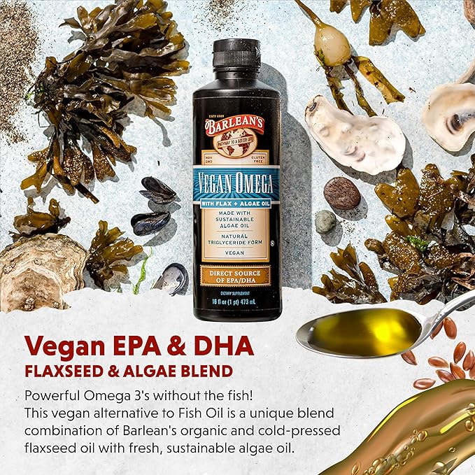 Barlean's Vegan Omega Liquid Flax and Algae Oil Plant Based EPA DHA Supplement from Algal Oil and Organic Flaxseed, Omegas 3 6 and 9 Fatty Acid Supplements, 16 Ounces