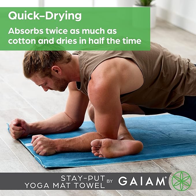 Gaiam Yoga Towel - Mat Sized Active Dry Non Slip Moisture Wicking Sweat Absorbent Microfiber Hot Yoga Towel for Women & Men | Stay-Put Corner Pockets (70" Long x 26" Wide), Grey