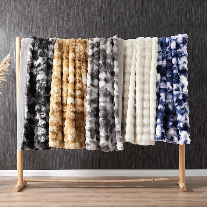 Amélie Home Faux Fur Throw Blanket for Couch, Fuzzy Soft Plush Thick Bubble Blanket for Sofa Bedroom Living Room, 50"x60" Inches, Tie-dye Blue