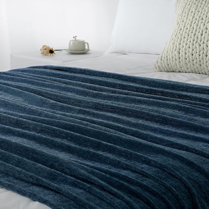 Chenille Throw Blanket for Couch 60"X 80" Twin, Soft Cozy Throws with Fringe Tassel for Bed Sofa Chair Cover, Lightweight Knitted Decorative Boho Blankets for Living Room, Navy Blue