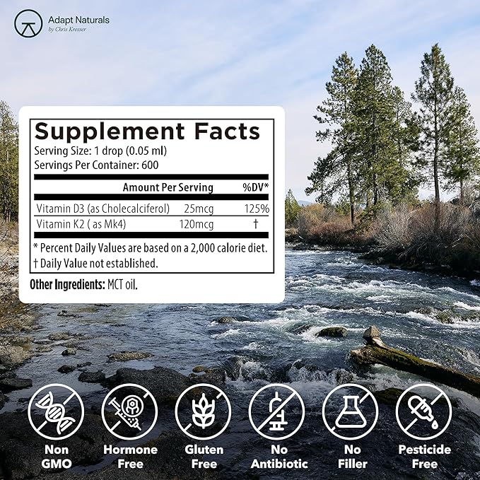 Adapt Naturals Vitamin D3 K2 1000 IU Supplement with MCT Oil, Bioavailable Highly Absorbable Liquid Formula, Overcome Vitamin D Deficiency, Support Immune & Metabolic Health - 1 FL Oz, 600 Servings
