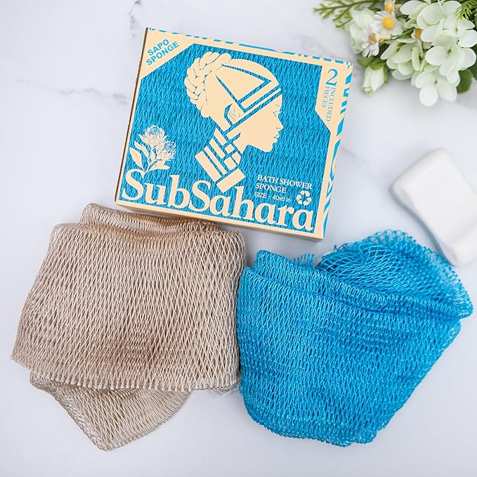 SubSahara Authentic African Net Sponge - 2 Pieces Exfoliating Scrubber for All Skin Types, Bath Sponge for Face & Body, Travel Portable, Durable, Gentle Exfoliation (Linen & Sky Blue)