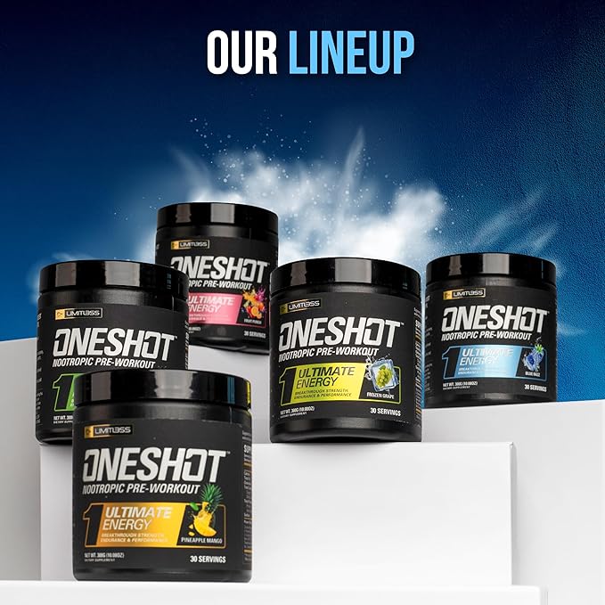 Oneshot Pre Workout Powder for Men and Women - BCAAS Amino Acids Supplement Powder, 200mg Caffeine, Beta Alanine Powder, Citrulline Malate Preworkout Powder - Blue Razz - 30 Servings