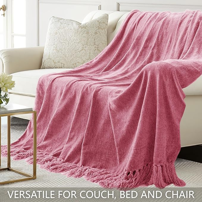 Chenille Throw Blanket for Couch 50"X 60", Soft Cozy Throws with Fringe Tassel for Bed Sofa Chair Cover, Lightweight Knitted Decorative Boho Blankets for Living Room, Rose Pink