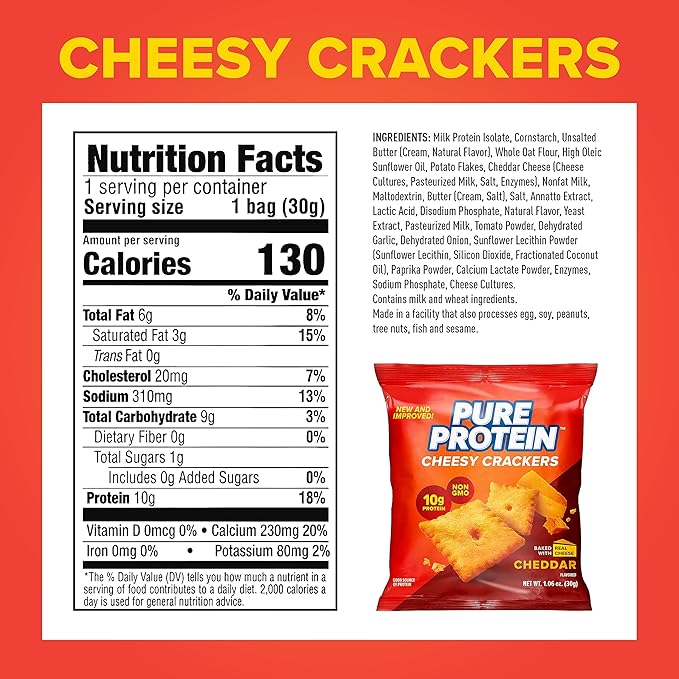 Pure Protein Cheesy Crackers, Cheddar, High Protein Snack, 10G Protein, 1.06 Oz (Pack of 12)