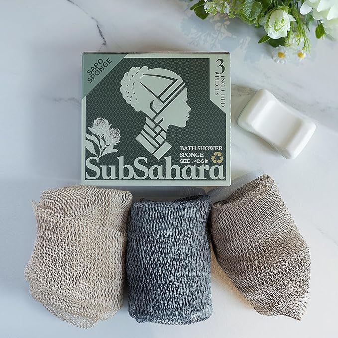 SubSahara African Net Sponge Authentic - 3 Pieces Gentle Exfoliating Scrubber for All Skin Types, Bath Sponge for Face & Body, Travel Portable