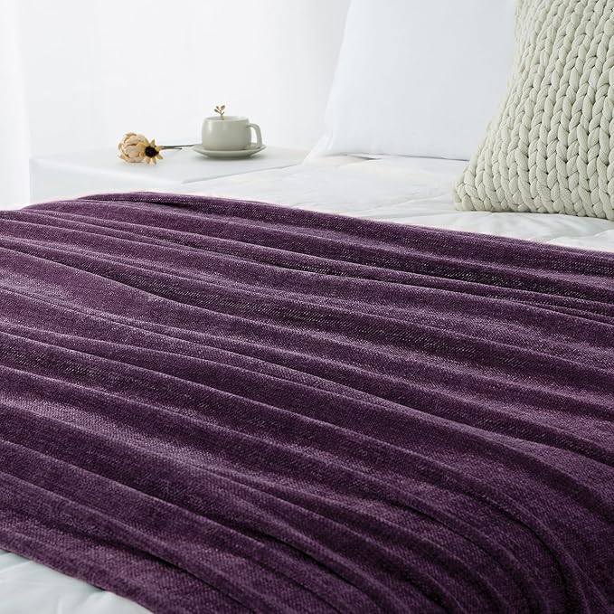 Chenille Throw Blanket for Couch 60"X 80" Twin, Soft Cozy Throws with Fringe Tassel for Bed Sofa Chair Cover, Lightweight Knitted Decorative Boho Blankets for Living Room, Dark Purple