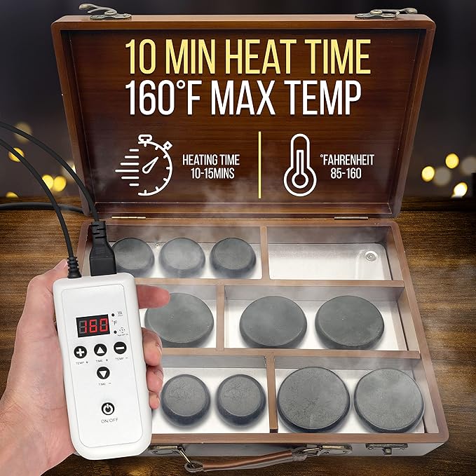 SereneLife Hot Stones Massage Kit with Warmer, Warm Round Basalt Stone Massaging Set with Portable Heater, 12 Large/Small Rocks, Digital Controller, For Professional and Home Spa Therapy