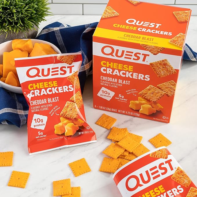 Quest Nutrition Cheese Crackers, Cheddar Blast, 10g Protein, 5g Net Carbs, 1g Sugar, Made with Real Cheese, 12 Packs (1.06 oz bags)