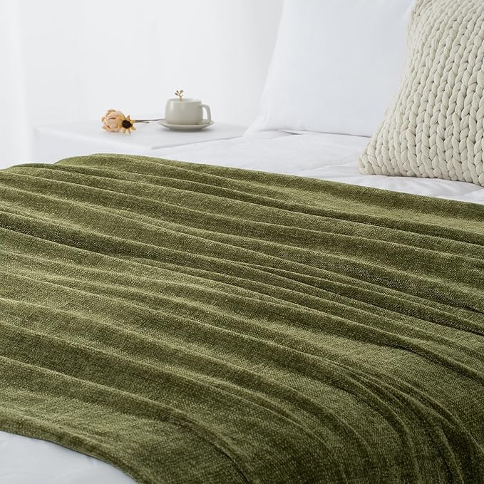 Chenille Throw Blanket for Couch 60"X 80" Twin, Soft Cozy Throws with Fringe Tassel for Bed Sofa Chair Cover, Lightweight Knitted Decorative Boho Blankets for Living Room, Olive Green