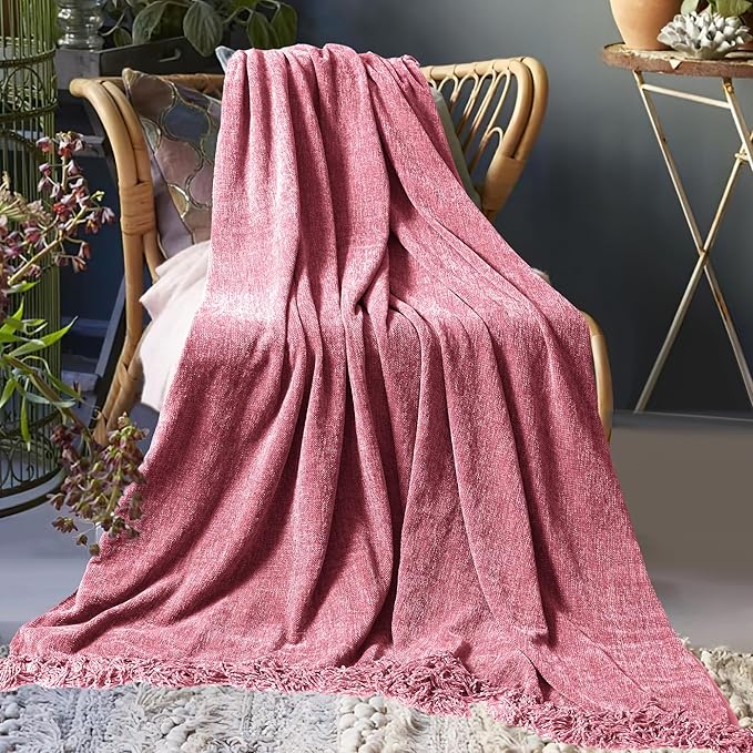 Chenille Throw Blanket for Couch 50"X 60", Soft Cozy Throws with Fringe Tassel for Bed Sofa Chair Cover, Lightweight Knitted Decorative Boho Blankets for Living Room, Rose Pink