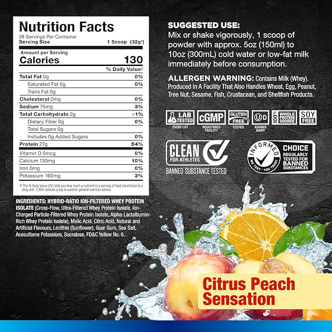 ALLMAX Nutrition ISOFLEX Chiller, Citrus Peach Sensation - 2 lb - 27 Grams of Protein Per Scoop - Zero Fat & Sugar - 99% Lactose Free - Approximate 28 Servings