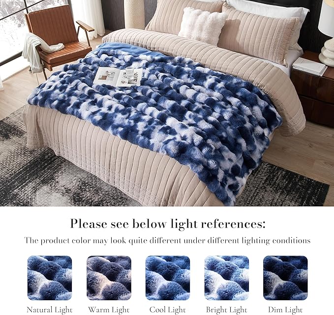 Amélie Home Faux Fur Throw Blanket for Couch, Fuzzy Soft Plush Thick Bubble Blanket for Sofa Bedroom Living Room, 50"x60" Inches, Tie-dye Blue