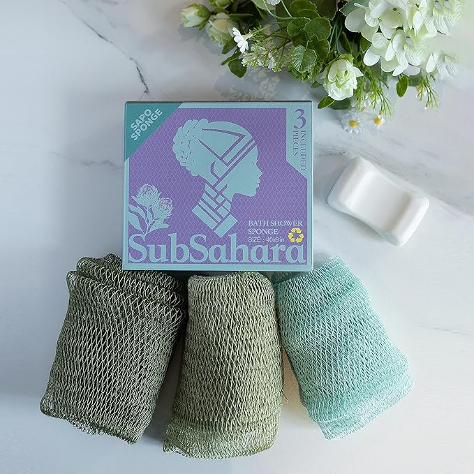 SubSahara African Net Sponge Authentic - 3 Pieces Gentle Exfoliating Scrubber for All Skin Types, Bath Sponge for Face & Body, Travel Portable