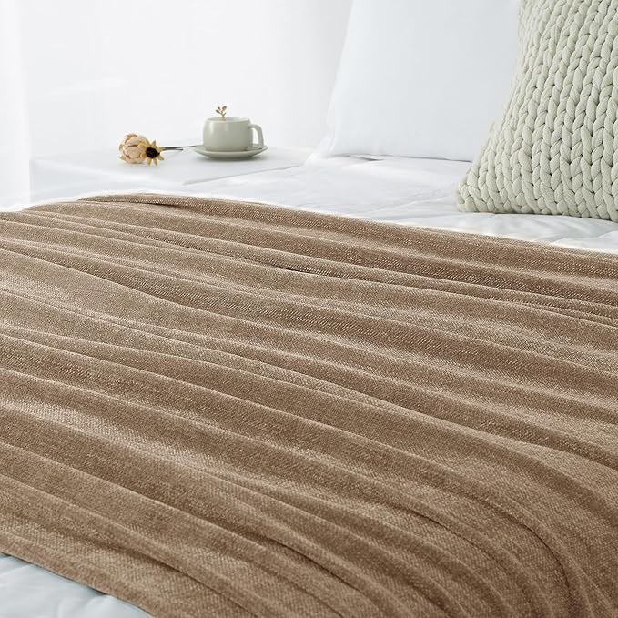 Chenille Throw Blanket for Couch 50"X 60", Soft Cozy Throws with Fringe Tassel for Bed Sofa Chair Cover, Lightweight Knitted Decorative Boho Blankets for Living Room, Taupe