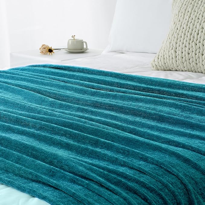 Chenille Throw Blanket for Couch 50"X 60", Soft Cozy Throws with Fringe Tassel for Bed Sofa Chair Cover, Lightweight Knitted Decorative Boho Blankets for Living Room, Teal