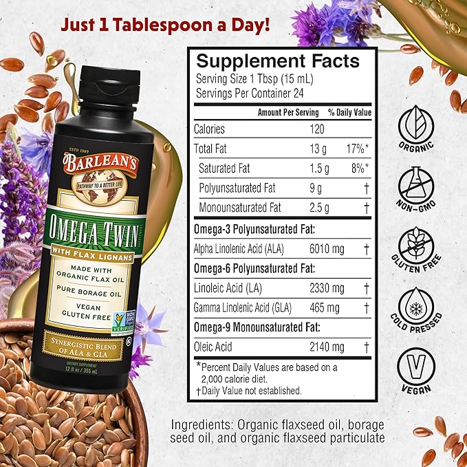 Barlean's Omega Twin Liquid Flaxseed Oil and Pure Borage Oil Supplement with Lignans, 6,010mg ALA and 465mg GLA Omega Fatty Acids from Organic Flax Seed and Cold Pressed Borage Seeds, 12 oz