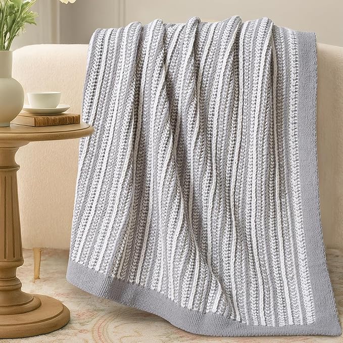 Amélie Home Chenille Striped Knit Throw Blanket for Couch Twin, Reversible Soft Cozy Knit Blanket Lightweight Warm Decorative Throw for Sofa, Bed, Living Room, 50"x60", Grey & White