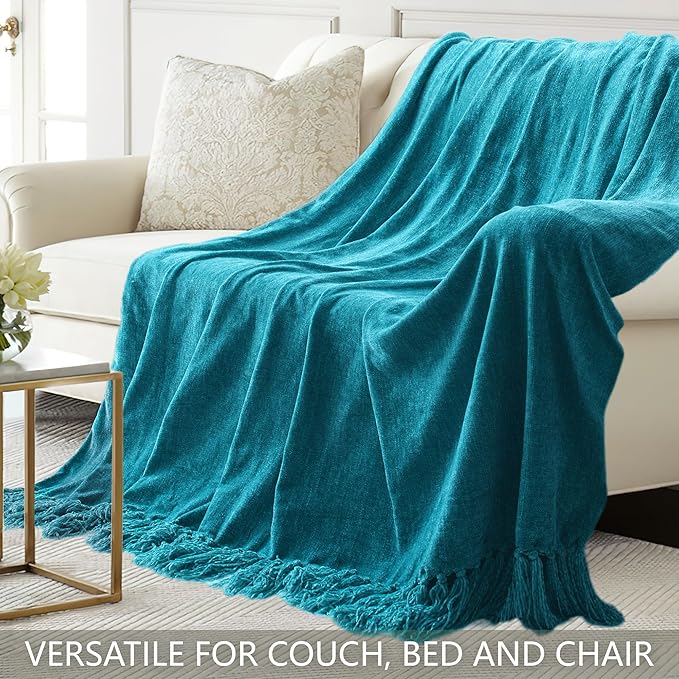 Chenille Throw Blanket for Couch 50"X 60", Soft Cozy Throws with Fringe Tassel for Bed Sofa Chair Cover, Lightweight Knitted Decorative Boho Blankets for Living Room, Teal