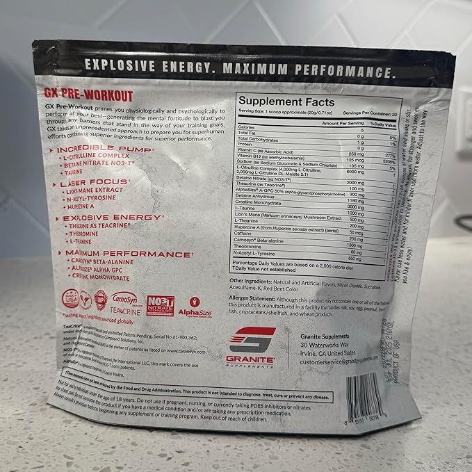 Granite GX Pre Workout Supplement, Sour Power Flavor, Supports Focus, Energy, & Performance with Teacrine, L-Citrulline, Betaine, & A-GPC (20 Servings)