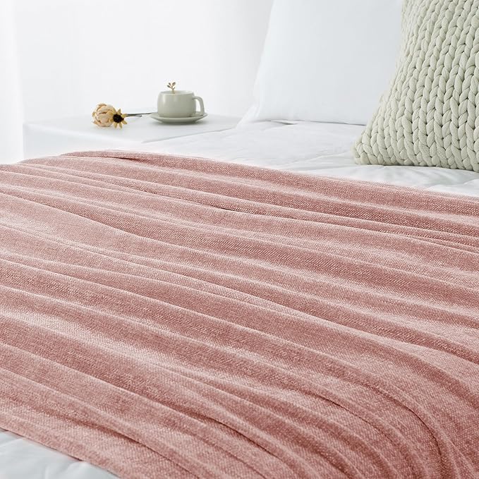 Chenille Throw Blanket for Couch 50"X 60", Soft Cozy Throws with Fringe Tassel for Bed Sofa Chair Cover, Lightweight Knitted Decorative Boho Blankets for Living Room, Dusty Pink