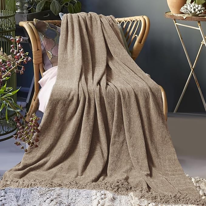 Chenille Throw Blanket for Couch 60"X 80" Twin, Soft Cozy Throws with Fringe Tassel for Bed Sofa Chair Cover, Lightweight Knitted Decorative Boho Blankets for Living Room, Taupe