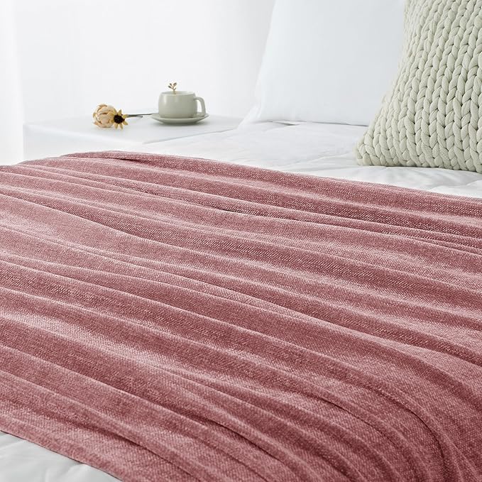 Chenille Throw Blanket for Couch 60"X 80" Twin, Soft Cozy Throws with Fringe Tassel for Bed Sofa Chair Cover, Lightweight Knitted Decorative Boho Blankets for Living Room, Mauve