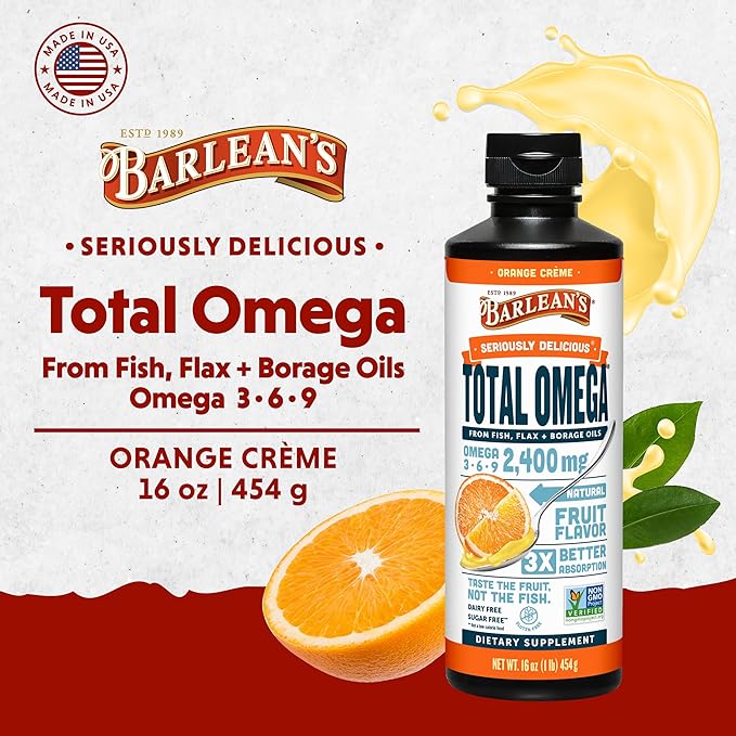 Barlean's Total Omega 3 6 9 Liquid Fish Oil Supplement with Borage and Flaxseed Oil, Orange Crème, 2,400 mg of EPA, DHA and GLA Fatty Acids, 16 oz