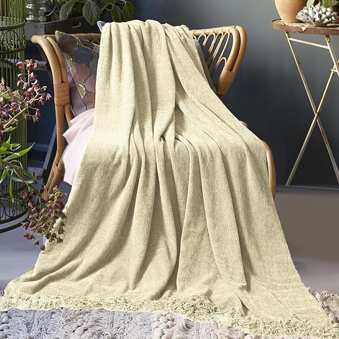 Chenille Throw Blanket for Couch 60"X 80" Twin, Soft Cozy Throws with Fringe Tassel for Bed Sofa Chair Cover, Lightweight Knitted Decorative Boho Blankets for Living Room, Light Beige