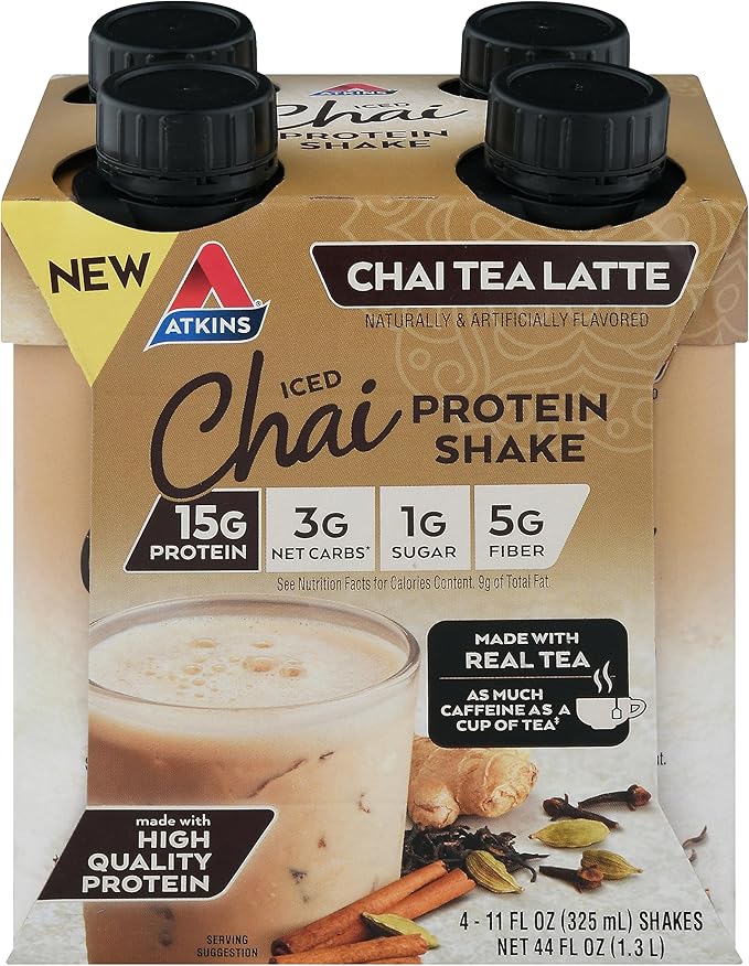 Atkins Chai Tea Latte Protein Shake Bundle with 15g Protein, 3g Net Carb, 1g Sugar (4 Pack) Iced Chai Tea Latte Protein Shake