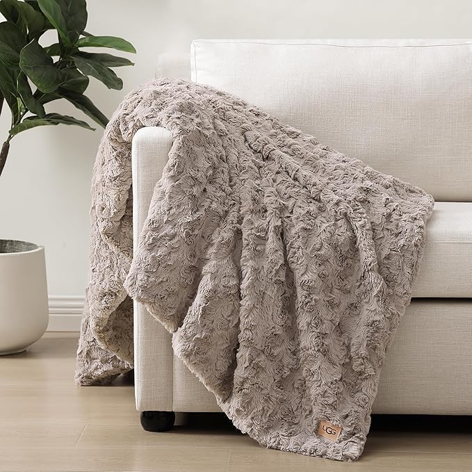UGG Adalee Faux Fur Throw Blanket Luxury Lightweight Cozy Soft Throw for Couch Bed or Chair Hypoallergenic Machine Washable Double-Sided Fluffy Blanket Home Decor, 50-inch x 70-inch, Oyster Brown