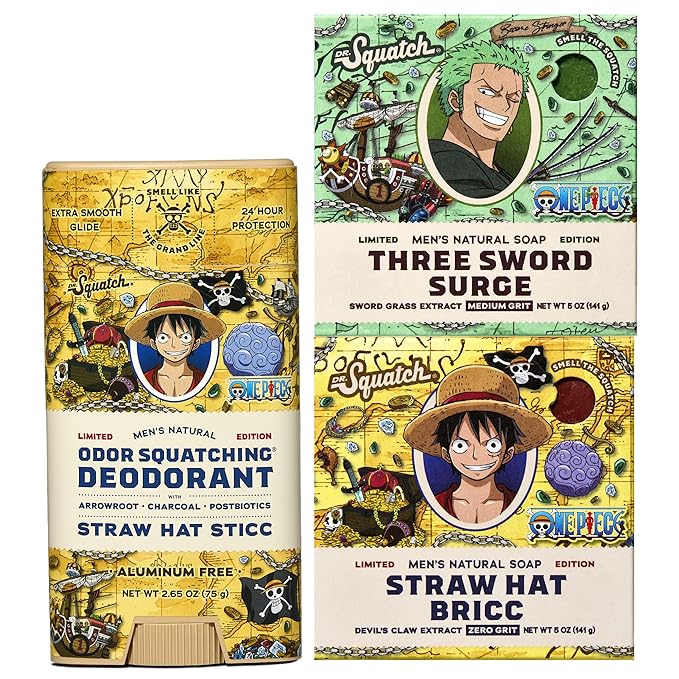 Dr. Squatch One Piece Collection - Natural 2 Soap, 1 Deodorant Gift Set - Cold Process Soap with No Harsh Chemicals - Straw Hat Bricc, Three Sword Surge, Straw Hat Sticc (3 Pack)