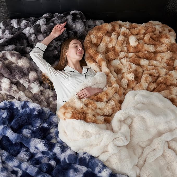 Amélie Home Faux Fur Throw Blanket for Couch, Fuzzy Soft Plush Thick Bubble Blanket for Sofa Bedroom Living Room, 60"x80" Inches, Tie-dye Grey