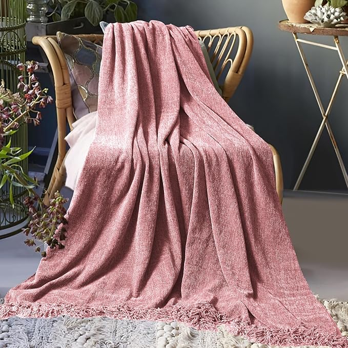 Chenille Throw Blanket for Couch 60"X 80" Twin, Soft Cozy Throws with Fringe Tassel for Bed Sofa Chair Cover, Lightweight Knitted Decorative Boho Blankets for Living Room, Mauve