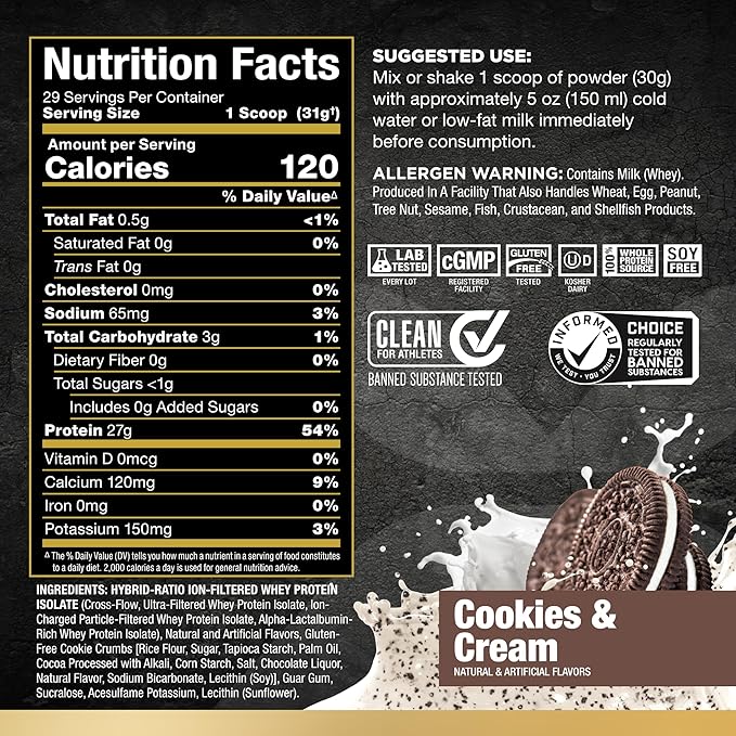 ALLMAX Nutrition ISOFLEX Whey Protein Isolate, Cookies & Cream - 2 lb - 27 Grams of Protein Per Scoop - Zero Fat & Sugar - 99% Lactose Free - Gluten Free & Soy Free - Approximate 30 Servings