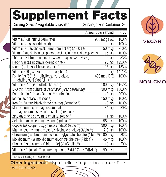 Body Kitchen Women’s Multivitamin with Optifolin+ & VitaCholine – Supports Immune, Energy & Skin Health – 60 Capsules