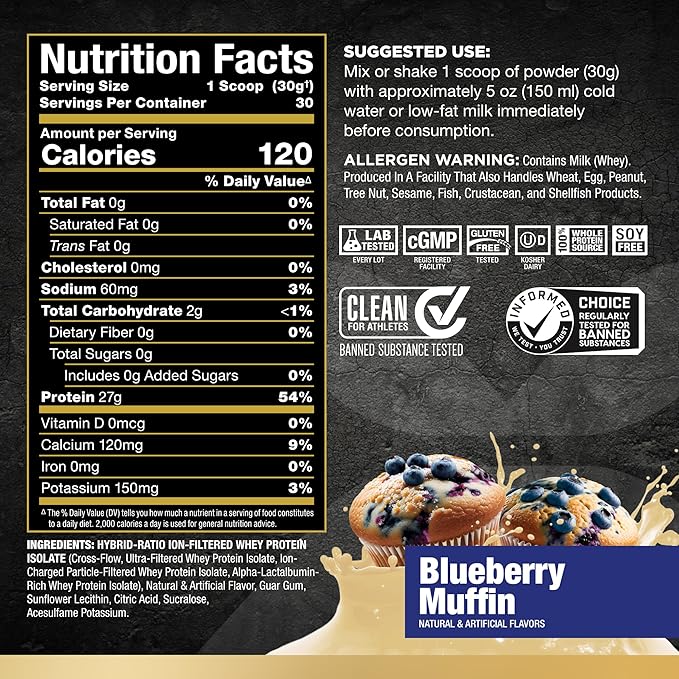 ALLMAX ISOFLEX Whey Protein Isolate, Blueberry Muffin - 2 lb - 27 Grams of Protein Per Scoop - Zero Fat & Sugar - 99% Lactose Free - Gluten Free & Soy Free - Approx. 30 Servings