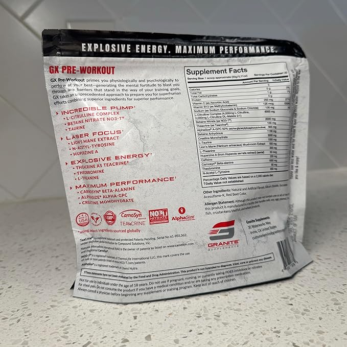 Granite GX Pre Workout Supplement, Sour Power Flavor, Supports Focus, Energy, & Performance with Teacrine, L-Citrulline, Betaine, & A-GPC (20 Servings)