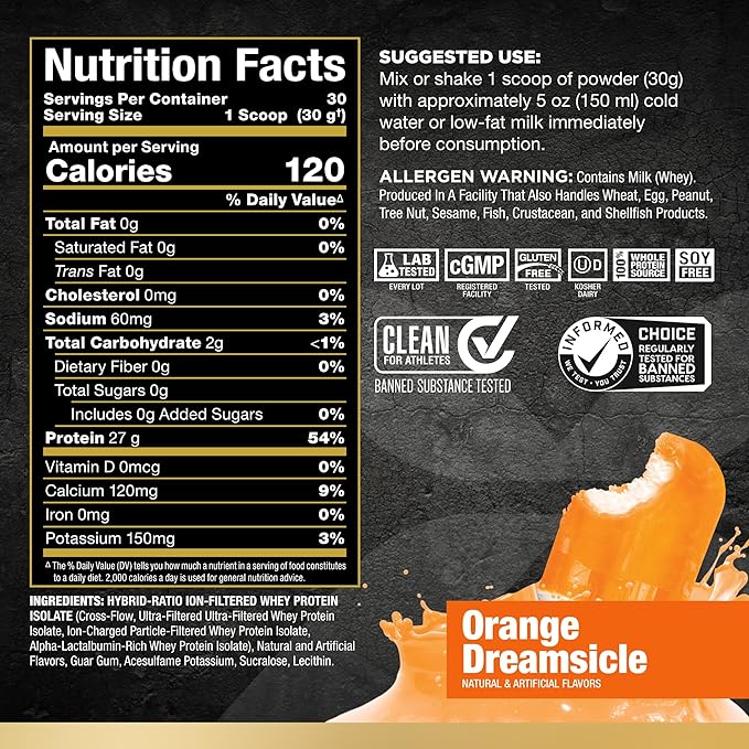 ALLMAX Nutrition ISOFLEX Whey Protein Isolate, Orange Dreamsicle - 2 lb - 27 Grams of Protein Per Scoop - Zero Fat & Sugar - 99% Lactose Free - Gluten Free & Soy Free - Approximate 30 Servings