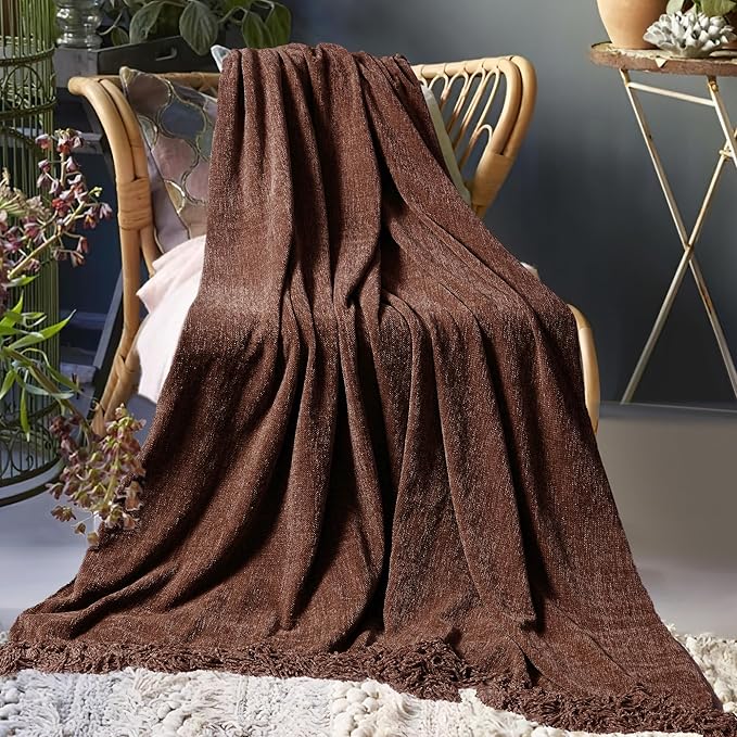 Chenille Throw Blanket for Couch 60"X 80" Twin, Soft Cozy Throws with Fringe Tassel for Bed Sofa Chair Cover, Lightweight Knitted Decorative Boho Blankets for Living Room, Dark Brown