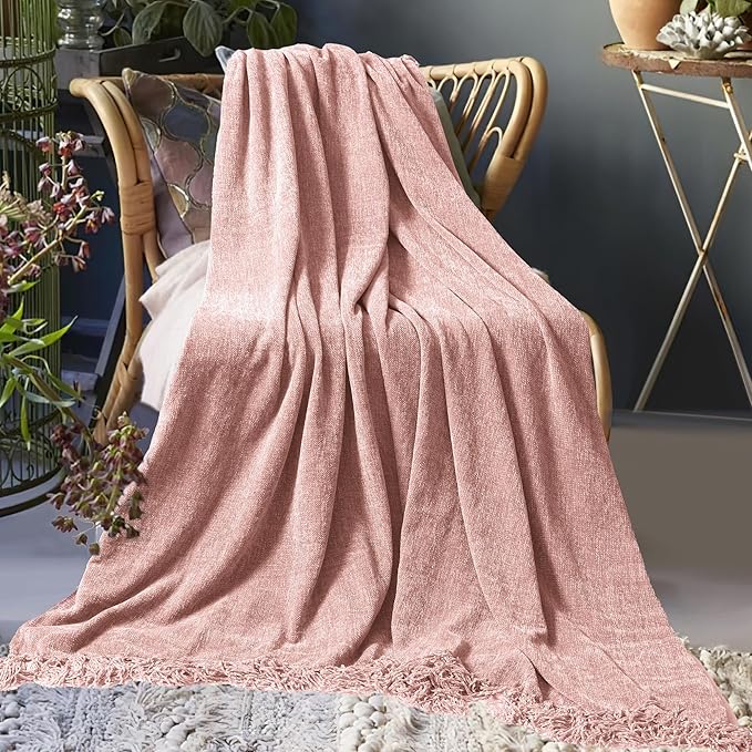 Chenille Throw Blanket for Couch 50"X 60", Soft Cozy Throws with Fringe Tassel for Bed Sofa Chair Cover, Lightweight Knitted Decorative Boho Blankets for Living Room, Dusty Pink