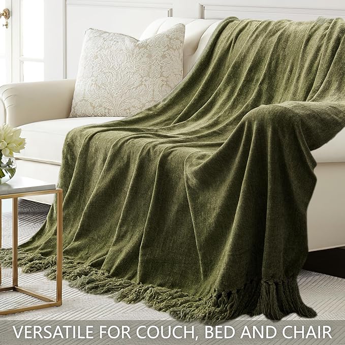 Chenille Throw Blanket for Couch 60"X 80" Twin, Soft Cozy Throws with Fringe Tassel for Bed Sofa Chair Cover, Lightweight Knitted Decorative Boho Blankets for Living Room, Olive Green
