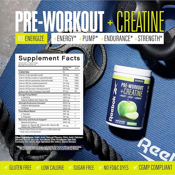 Reebok Pre-Workout Powder | 200mg Natural Caffeine, 3g Creatine Monohydrate | Clean Energy Pre Workout for Strength, Focus & Pump | Informed-Sport Certified | ReeEnergize | Sour Green Apple